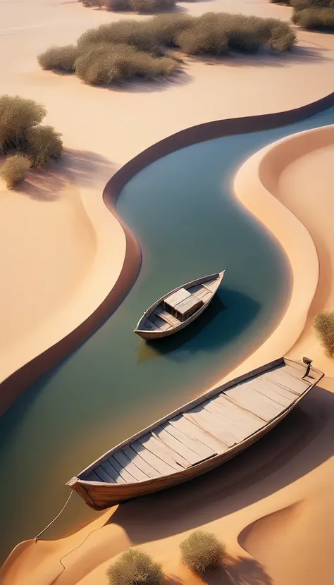 "4K aerial shot of a desert and coastal landscape, with a sandy beach forming natural curves and a dry river running through the scene. An abandoned boat rests on the shore, surrounded by sparse vegetation and rocky areas. The image must have a cinematic p...