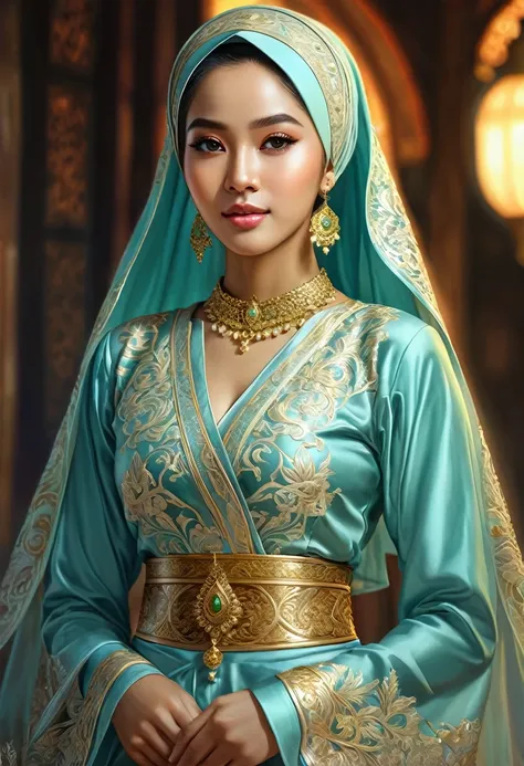 Full of body, portrait of beautiful indonesian muslim woman in fantasy manhwa art style, backlight, oil painting, by rembrandt art style, hyperdetailed painting, hyperdetailed intricately detailed, soft pastel colors, sf, intricate artwork masterpiece, bes...