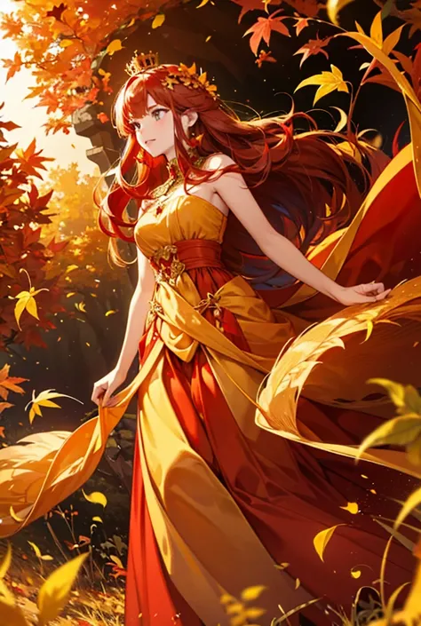 Princess of Autumn, crown of yellow autumn leaves in hair, Red hair, Standing in the autumn garden, cunning, gold and red asymmetrical long dress, 