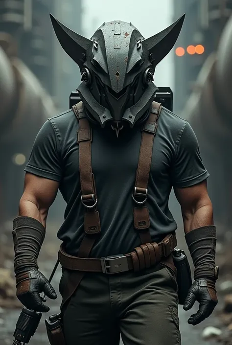 Porter wearing a Doom helmet in the style of Rammstein&#39;s Sehnsucht album poster 