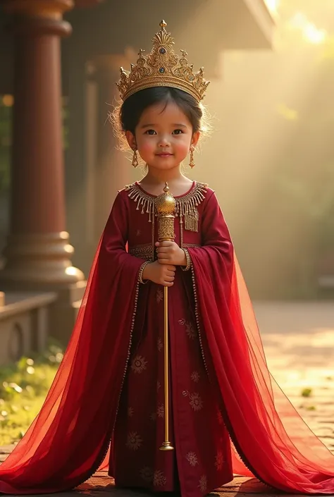 Indonesian baby girl,   girl, wearing a dark red dress, has a long outer hanging down to the ground, there are gold tassels on her shoulders. there is a tall gold crown, wearing a beautiful ma-up, carrying a princess scepter. Outdoors, sunlighting