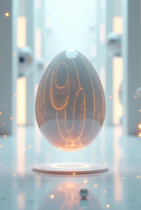 Antigravity Egg: "A futuristic egg that floats in mid-air, held by unseen forces. Its surface is composed of shifting magnetic fields and glowing lines that pulse with energy. Occasionally, small orbs of light detach from the egg and hover around it. The b...