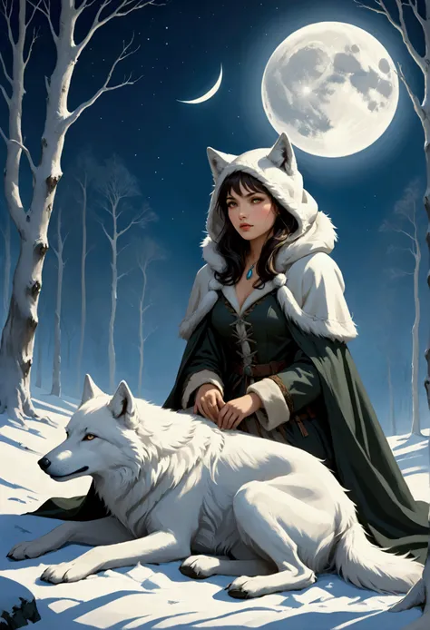 An award-winning digital masterpiece, capturing a very pretty female exotic hunter in a moment of serene relaxation under the soft glow of an ethereal full moon. Dressed in an exquisite white wolf-skin coat with a fur-lined hood, she exudes both elegance a...