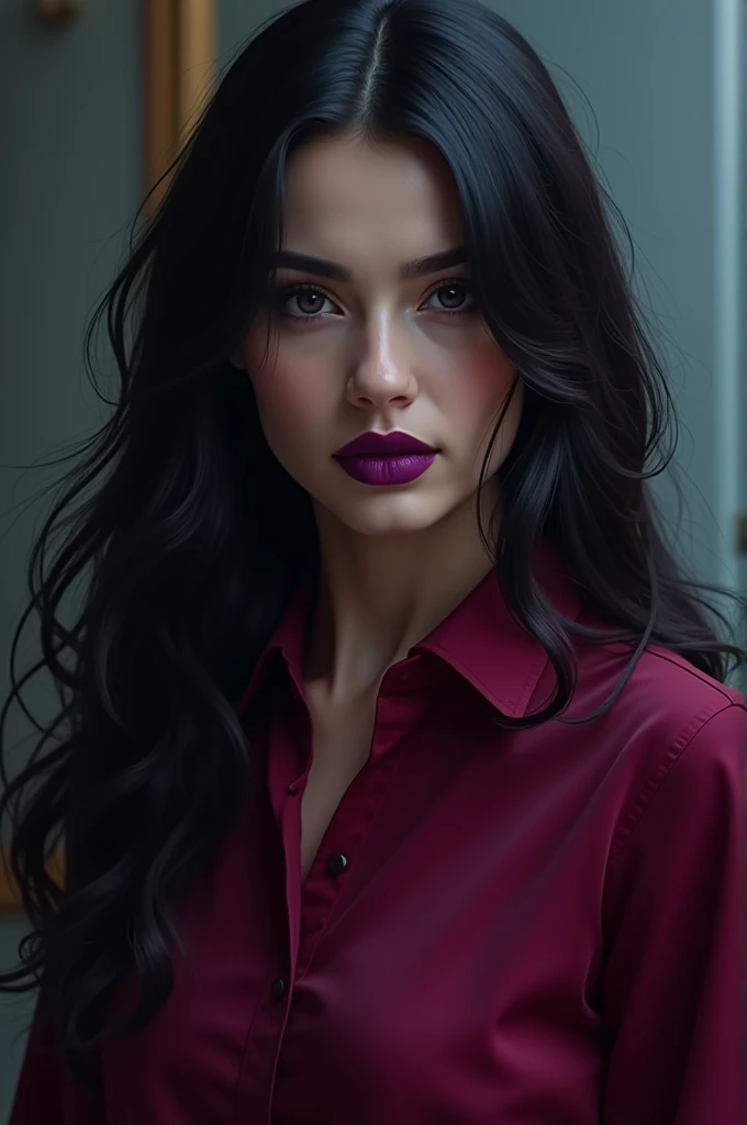 A woman with long hair, purple lips, and a red shirt
