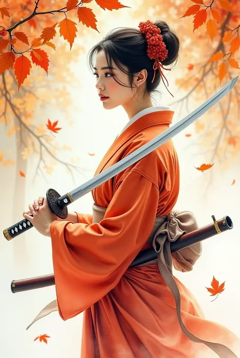 A masterpiece watercolor painting of a beautiful woman in a kimono, framed from the upper body, holding a katana while surrounded by falling autumn leaves. The painting features soft, delicate brushstrokes with transparent and overlapping colors that blend...