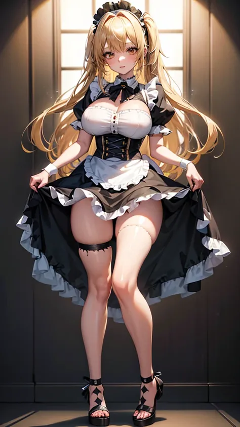 maid costume big breasts girl (gothic style) torn skirt, golden body proportion, messy blonde hair (pigeon-toed feet) (very deta...