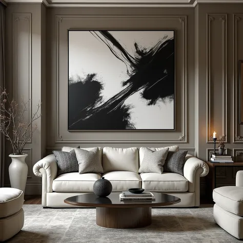 A black and white image of a decorative painting hanging on a wall in an elegant living room