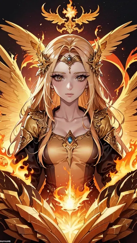 Close-up of a woman，She was on fire, With blazing golden wings of flame, With blazing golden wings, Epic fantasy art style, Concept Art | Artistic Germ, Phoenix Warrior, extremely detailed Artistic Germ, Epic fantasy digital art style, The Queen of Change,...