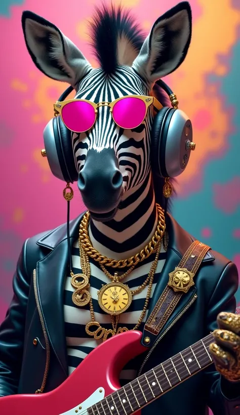 Zebra wears large gray headphones over his ears, pink sunglasses, a large gold watch on his wrist, a gold ring on each finger, and a gold chain with a TikTok symbol hanging around his neck and plays the guitar.