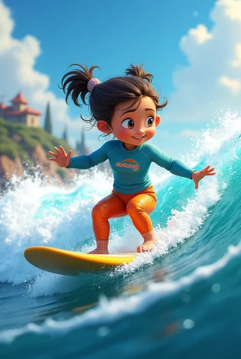 five year old girl surfing wearing a long sleeve ulidsan ripcurl shirt on the chest and orange pants
