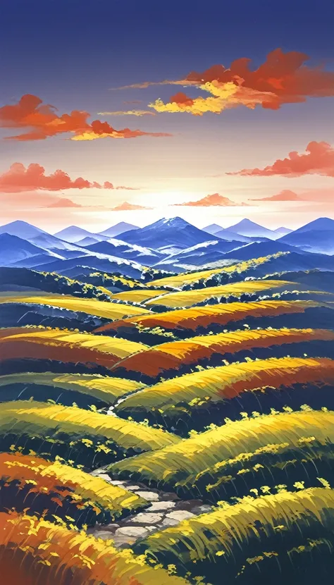 scenic view from top of a rice field, view over an rural Japanese village in a valley, surrounded by mountains. Vibrant dynamic colors, intricate details