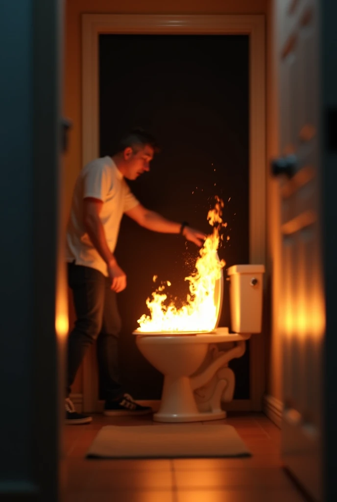 Fire coming out from the toilet seat, blurred background, open door, black background, a man standing near the toilet seat, the man is surprised,
