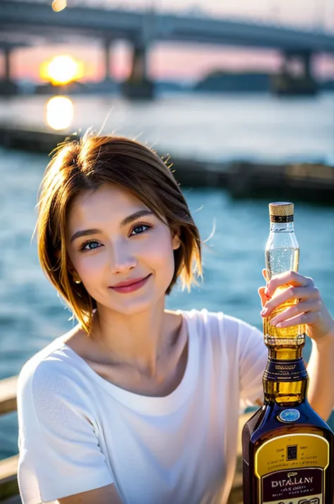 (Realistic, 超Realistic:1.4), 16k hdr, High resolution,Brown short hair,The best smile、Japanese actress,Super Beauty(Like the real thing),Short sleeve dress,Whiskey bottles、The Macallan、Johnnie Walker、、Old Parr、whiskey、Suntory、Nikka、Slim couple、Model Couple...