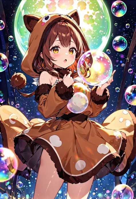 Girl、Wearing a chestnut costume、Chestnut Cover、The skirt is chestnut shaped、Chestnut-shaped soap bubble with glowing surroundings、