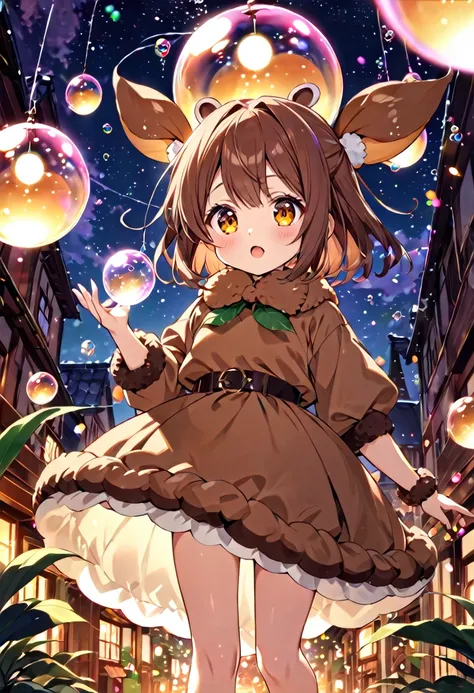 Girl、Wearing a chestnut costume、Chestnut Cover、The skirt is chestnut shaped、Chestnut-shaped soap bubble with glowing surroundings、