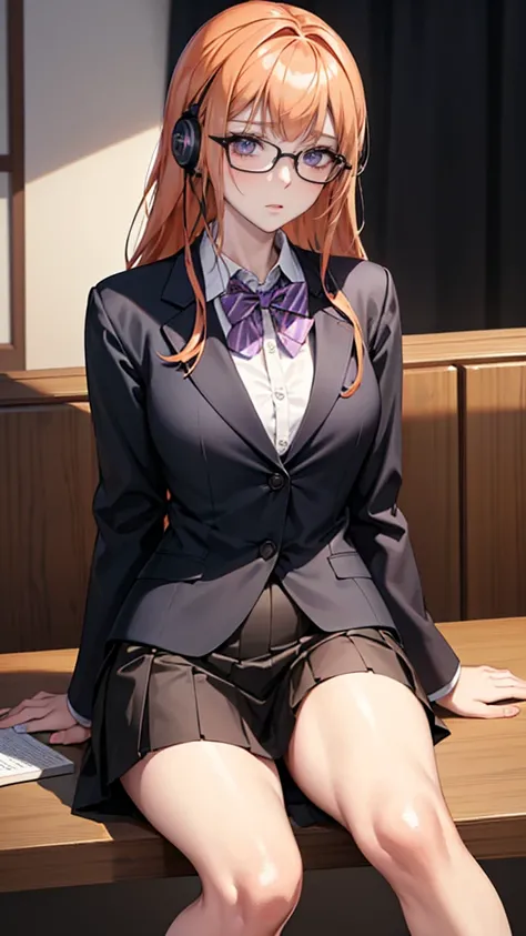 a lady sitting on a chair，Holding a notebook in hand, Wearing a serious black suit, sitting on the table, Strictly abide by, on the table, Strictly abide by, Japanese Goddess, Knee-high socks and skirt, Sitting at her desk, 坐on the table, Sitting at a desk...