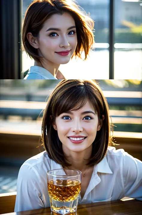 (Realistic, 超Realistic:1.4), 16k hdr, High resolution,Brown short hair,The best smile、Japanese actress,Super Beauty(Like the real thing),Short sleeve dress,Whiskey bottles、The Macallan、Johnnie Walker、、Old Parr、whiskey、Suntory、Nikka、Slim couple、Model Couple...