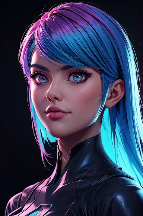 a woman with blue hair and a black shirt is standing in front of a neon background, lois van baarle and rossdraws, portrait of lucy from Cyberpunk Edgerunners, artgerm and lois van baarle, rossdraws 2. 0, rossdraws 1. 0, rossdraws 2. 5, artgerm and rossdra...