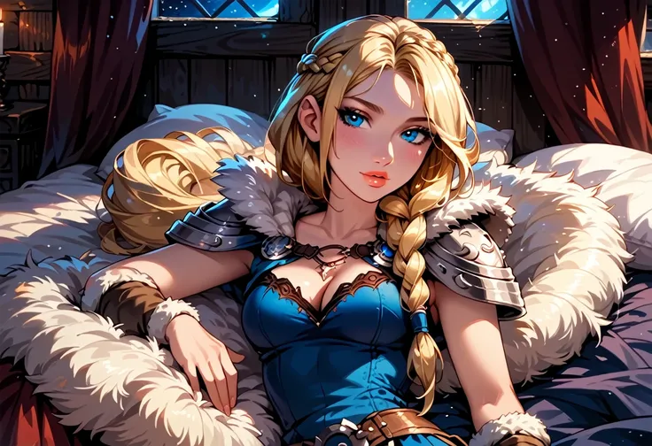 Dark Fantasy Art of score_9, score_8_up, score_7_up, rating_questionable, fantasy, lighting, epiCPhoto 1girl, solo, very sexy (ASTRIDHOFFERSON, blonde hair, braid, Long hair, blue eyes, fur trim, shoulder armor, armor, pauldron, short skirt:1.2), cleavage,...