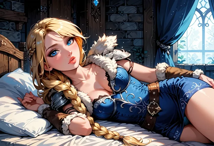 Dark Fantasy Art of score_9, score_8_up, score_7_up, rating_questionable, fantasy, lighting, epiCPhoto 1girl, solo, very sexy (ASTRIDHOFFERSON, blonde hair, braid, Long hair, blue eyes, fur trim, shoulder armor, armor, pauldron, short skirt:1.2), cleavage,...