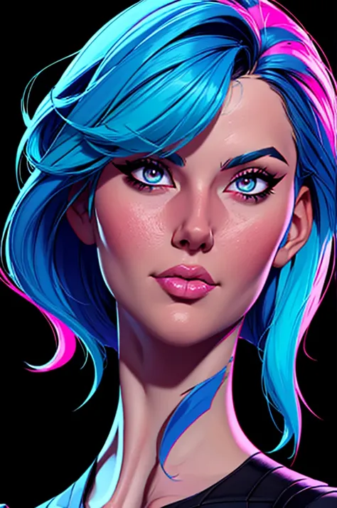 a woman with blue hair and a black shirt is standing in front of a neon background, lois van baarle and rossdraws, portrait of lucy from Cyberpunk Edgerunners, artgerm and lois van baarle, rossdraws 2. 0, rossdraws 1. 0, rossdraws 2. 5, artgerm and rossdra...