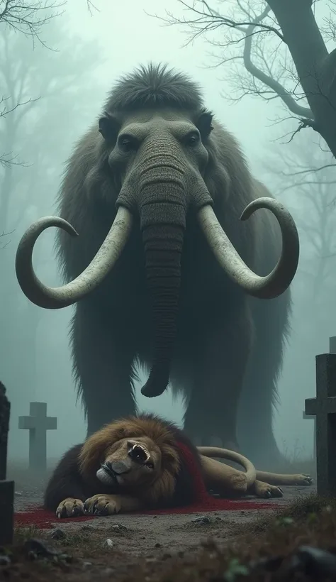 Agresive mammouth standing on a dead lion that it fought in a scary foggy graveyard 