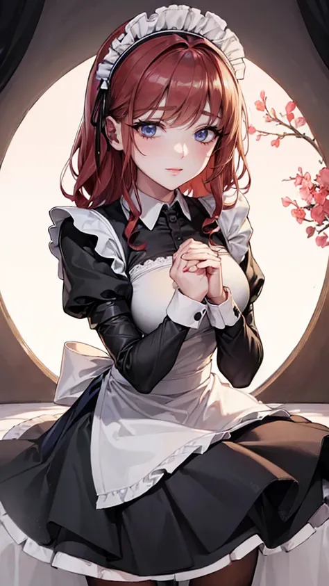 ((Beautiful maid:1.5),high resolution, Top quality),Dressed as a maid,Soft hands, Big bright eyes, Dark and Vibrant Curls, sweet smile, Red face, Soft Light, Pure white background.  