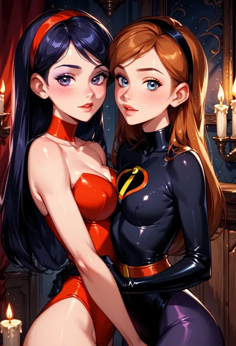 Dark Fantasy Art of score_9, score_8_up, score_7_up, rating_questionable, fantasy, lighting, epiCPhoto 2girls, mature women, duo, couple, yuri, very sexy (Disneys Violet Parr:1.3), (Disneys Anna:1.2), wearing Incredibles suit, flirt, gaze, sexy look, half-...