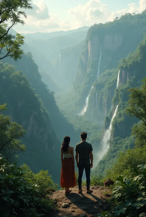 "Standing on a mountain peak, a man and woman take in the breathtaking view of a vibrant jungle below. The jungle is alive with the sounds of exotic animals and the sight of cascading waterfalls. As they relax and enjoy the scene, they hear a mysterious me...