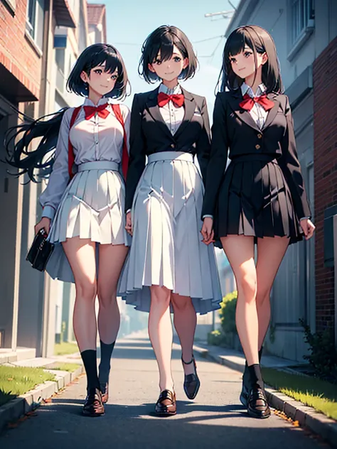 School,Three beautiful women walking and talking,smile,(Large Breasts),White blouse,Pleated skirt,Red bow tie,Short black hair,Long blonde hair,Medium length blue hair,high resolution