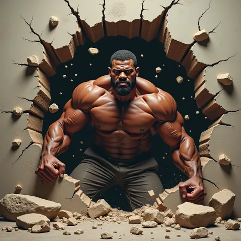 A powerful black man hand punches through a wall, causing chunks of the wall and debris to scatter in all directions. The scene shows a close-up of the hand emerging from the wall, with visible force and impact. The background should depict the damage with...