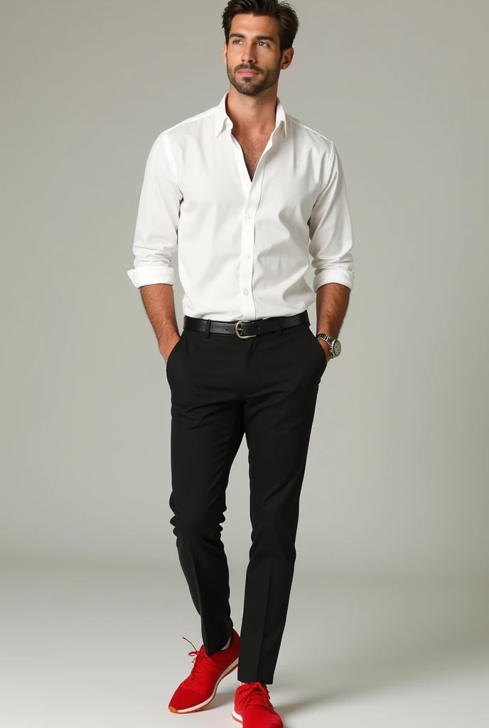 A man wearing white shirt and black pants and red shoes
