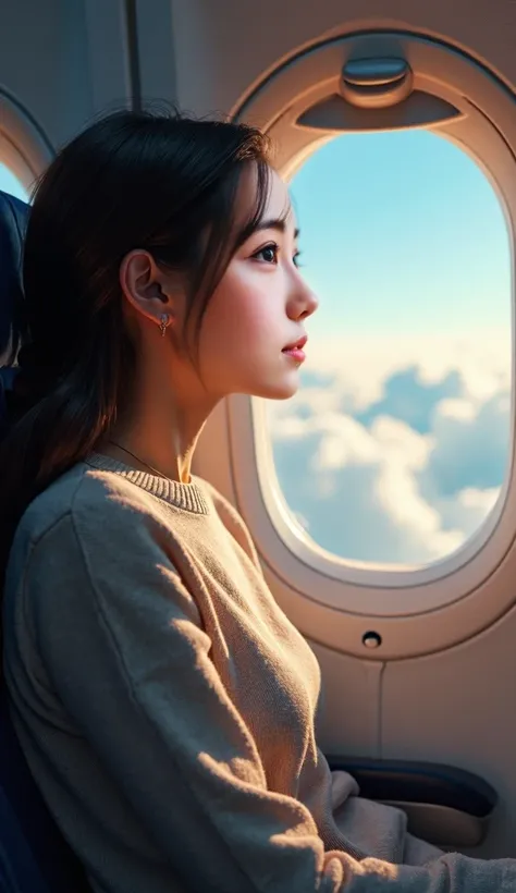 A realistic, photo-style image of a woman seated in an airplane, looking out of the window. Her body is turned slightly as she gazes outside at the clouds and blue sky. The scene captures her profile, not looking at the camera. The airplane interior is wel...