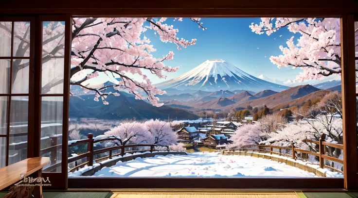 A Renaissance-style oil painting depicting Mount Fuji in Japan，Snowy mountains shine in the morning sun，The surrounding cherry blossom trees are in bloom，Show the beauty of spring。