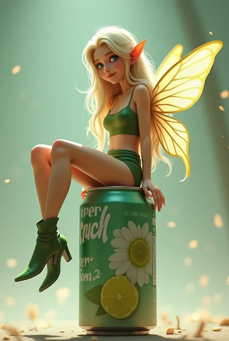 Super realistic illustration, Detailed Fantasy art, Cinema 4D rendering, 1 androgynous lady, solo, full body, A fairy elven lady is sitting on a Canned juice. looking down at the viewer and smiling. long blonde hair, Azure eyes. green tube top, green mini ...