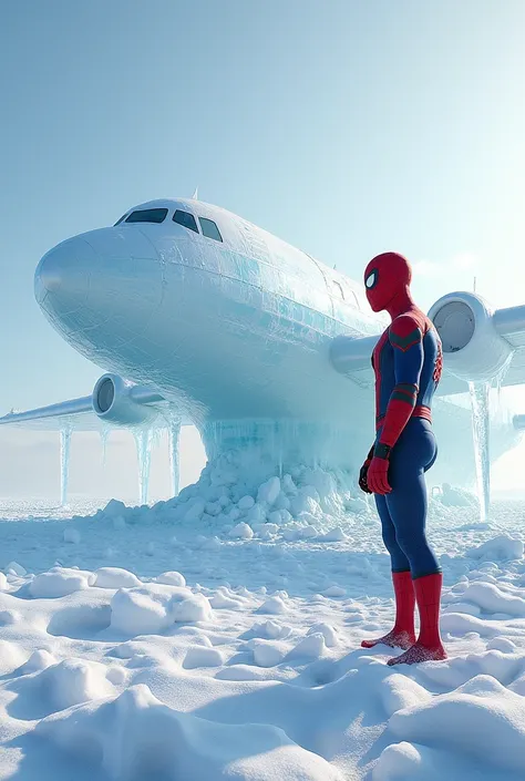 Can you describe the scene?, in which Spider-Man is physically present, and next to it there is an airplane, made of ice which he made himself consisting entirely of snow, that is, he molded it himself ? Please, Give a detailed and literal description of t...