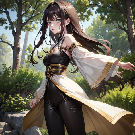 8K, best quality, masterpiece, Very detailed, Semi-realistic, A girl, A girl, 20 years old, Look at your hands, Dark brown long hair，With bangs, curls, Green Eyes, Black Japanese tailoring clothes, White pants, Bare shoulders, Gold details, Thin body, Cold...