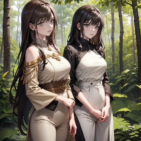 8K, best quality, masterpiece, Very detailed, Semi-realistic, A girl, A girl, 20 years old, Look at your hands, Dark brown long hair，With bangs, curls, Green Eyes, Black Japanese tailoring clothes, White pants, Bare shoulders, Gold details, Thin body, Cold...