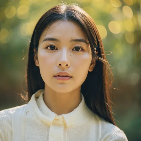 A hyper-realistic image of a single Japanese woman in her early 20s, captured with the nostalgic warmth and subtle graininess of a film camera. Her skin has a warm beige tone with a natural, slightly rough texture that includes visible pores, fine lines, a...