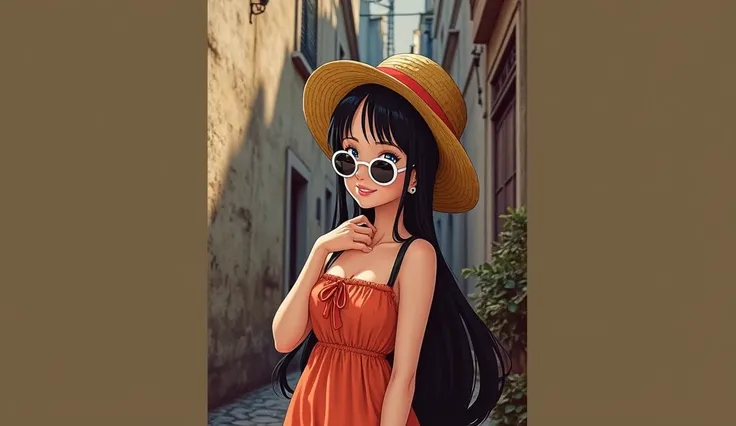 realistic photo, one piece character nico robin, straight black hair, wearing a straw hat and round shaped sunglasses, natural lighting, wearing an orange tube sundress with the background of a rustic old alley, high resolution, photorealistic, (best quali...