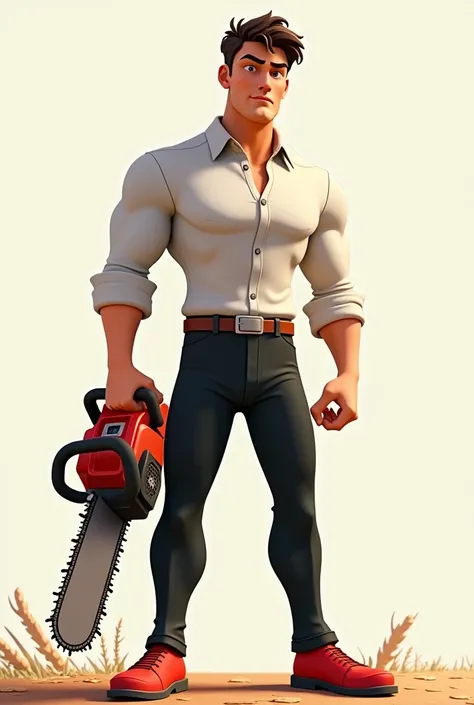 A man wearing white shirt and black pants and red shoes
Handed a chainsaw in animation