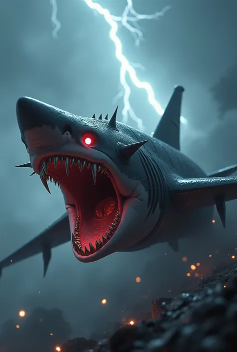 A photo of a sharkand fighter jet combined in which the teeth are very sharp, the eyes are red, thorns are coming out of the body and there is lightning flashing above it.