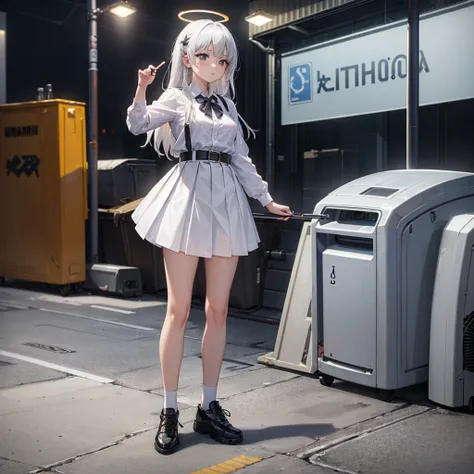 ((masterpiece, best quality)),A girl, Solitary, skirt, permanent, Halo, alley, outdoor, Bangs, white skirt, White hair, Long hair, Black footwear, Industrial pipe, Looking at the audience, Air Conditioner,Dark Lights, Rubbish, Rubbish bin, Huaxiahua 2011 