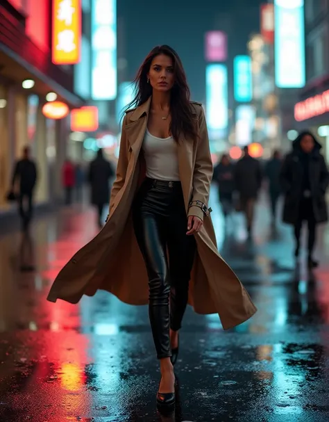 A fashion-forward portrait of a woman walking down a rain-soaked street in the heart of the city. Neon signs reflect off the wet pavement as she strides confidently, her trench coat billowing behind her. The image captures movement and emotion, with a shal...