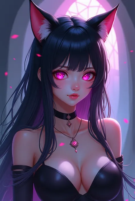 black hair pink eyes anime girl with horns and cat ears 