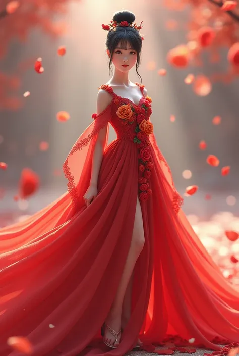 Cinematic fantasy 3D illustration with beautiful Korean woman with smooth white skin and perfectly groomed face, black hair bun up Korean style with bangs,eye accessories looking at the camera posing smiling ,wearing a maxi dress with the chest not exposed...