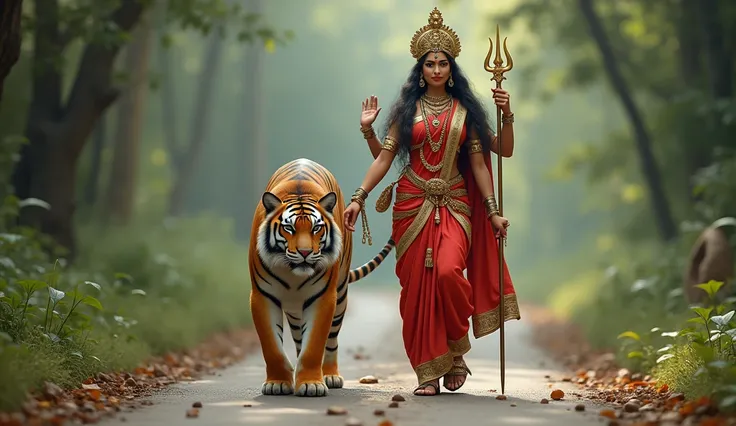 Durga and her friend the tiger are walking on the road. And Durga is wearing a red color saree with a beautiful crown on her head and holding a trident, conch, sword and lotus flower in her hands.