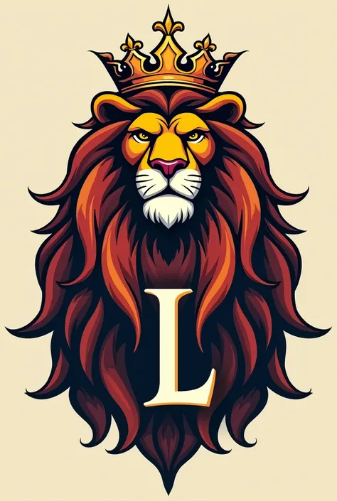 Lion logo with big L letter. Lion logo has a king crown. 