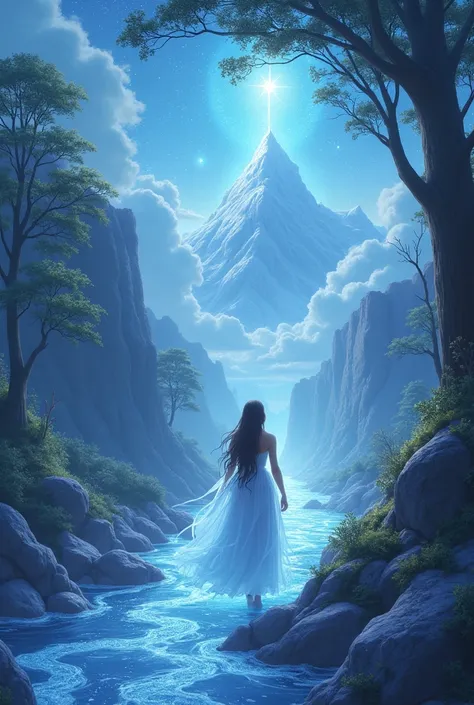 Princess Lyra, guided by Astra, travels across the Starlit Kingdom, facing various challenges. They pass through a crystal forest, cross a river of light, and climb the Sky Mountain where the starstone is hidden.