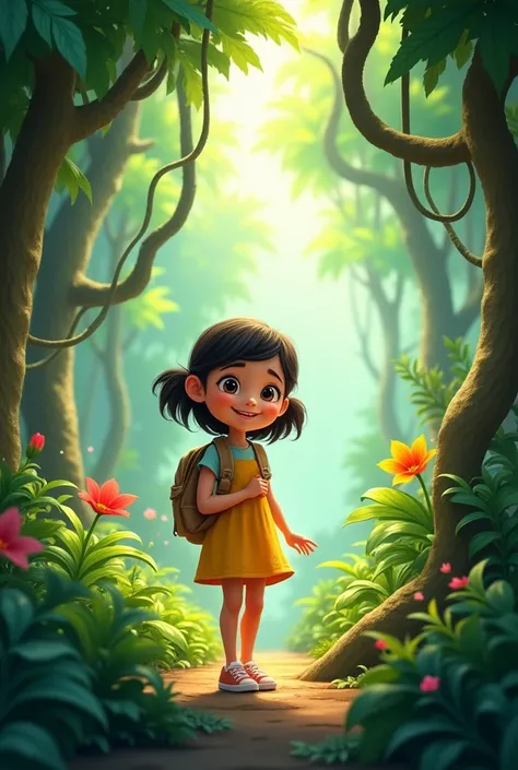 A cute  named Lily, with big curious eyes and a playful smile, standing happily near a lush green jungle, wearing a simple dress